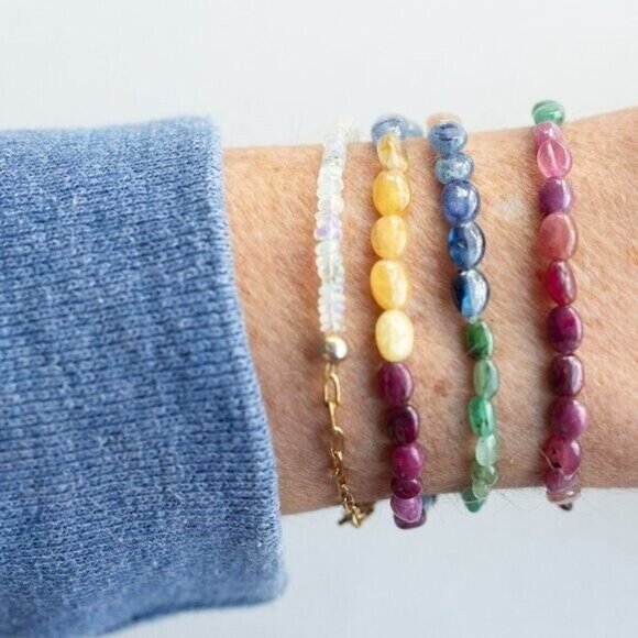 AAA Sapphire Rainbow Beaded Stretch Bracelet Multicolor Ombre Precious Gemstone - Picture 4 of 7